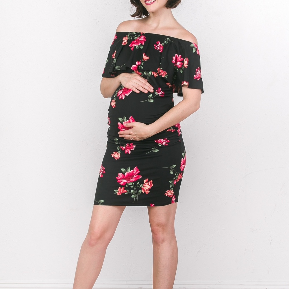 <CMD1590>FLORAL OFF-SHOULDER MATERNITY DRESS